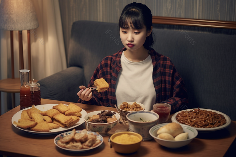 黑发大学生宅家中享受外卖美食,高清,摄影图,摄影图片,图片大全,摄影图免费下载